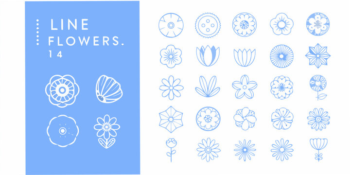 Floral Ornament Collection Blue Line Drawings On White Background