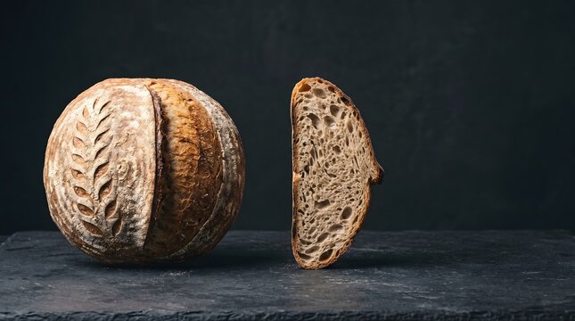 Whole bread loaf beside single thin heel slice on dark slate surface, inequality distribution unequal access social issue concept art horizontal with copy space