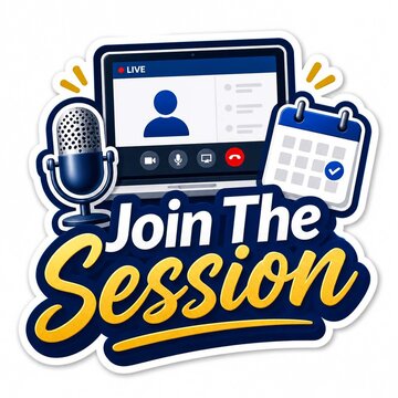 Join the session concept with microphone laptop and calendar icon