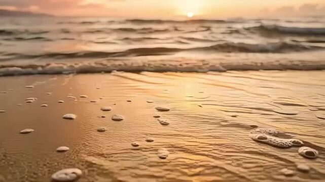 Sunset over ocean waves gently lapping at sandy beach shoreline with foamy bubbles