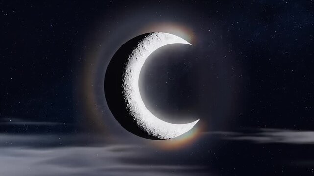 A partial lunar eclipse over a cloudy night sky