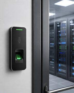Biometric access control panel beside secure server room entrance