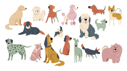 Fototapeta premium A collection of various dog breeds in different sizes and colors, illustrating the diversity of canine companions in a cartoon style.