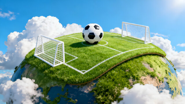3D illustration of a miniature green soccer field with a football and goals on top of planet earth for international championship tournament background.