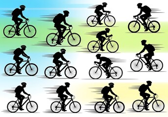 Obraz premium Set of silhouettes of cyclists riding bicycles fast with motion blur lines