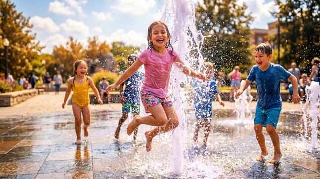 Happy Children Playing in an Outdoor Splash Pad Fountain During a Sunny Summer Afternoon