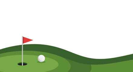 Obraz premium Golf championship invitation template banner with ball and red flag on green course