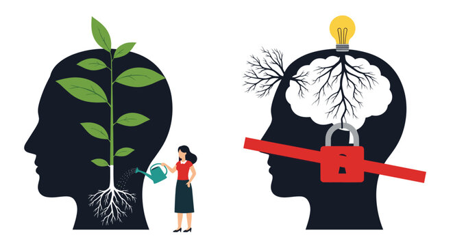 Contrast between growth mindset and fixed mindset showing a person watering a plant in a brain versus a locked brain with dry roots.