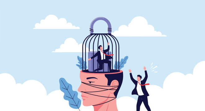 Man trapped inside a birdcage on top of a giant head with ropes around the face while another person outside cheers for mental liberation.