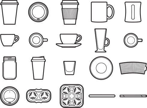 A collection of simple line art icons depicting various coffee cups, mugs, glasses, and holders, presented on a clean white background, ready for design use.