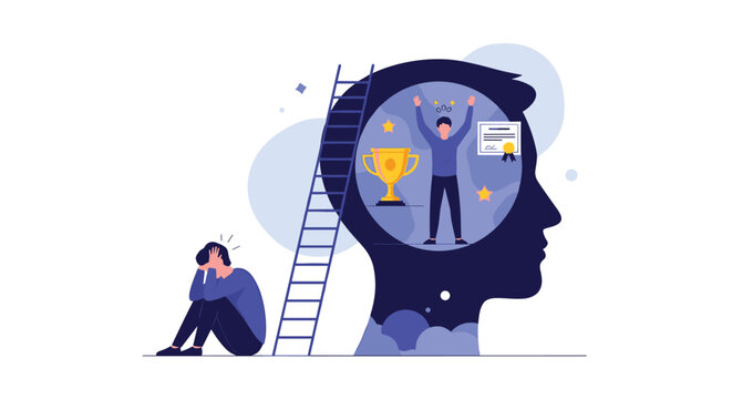 Imposter syndrome and self-doubt concept showing a man sitting in despair outside a large silhouette head that contains a successful person.