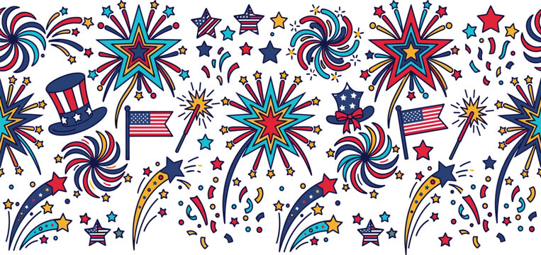 Patriotic 4th of July Independence Day Seamless Vector Pattern with American Flags, Fireworks, Uncle Sam Hats, and Starburst Elements for Celebration Backgrounds