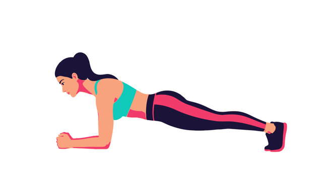 A young athletic woman doing a forearm plank exercise.