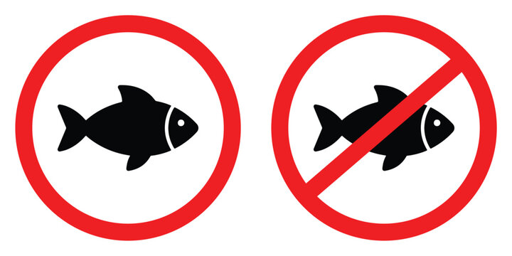 Two black fish icons in red circles one with a slash representing prohibition or exclusion