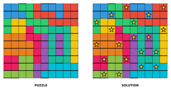 Star Battle logic puzzle series, colored regions, and complete solutions. Clean vector illustration for brain teasers, activity books, and printables