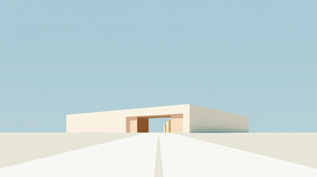 Minimalist modern building stands under a clear blue sky with a long road leading toward the open geometric structure