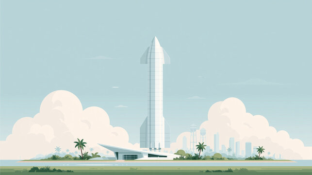 Minimalist illustration of a white space rocket standing on a launch pad near a tropical coast with palm trees and large clouds