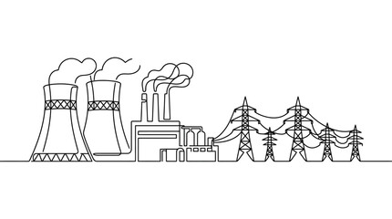 Obraz premium Continuous line drawing of a power plant with cooling towers and transmission towers.