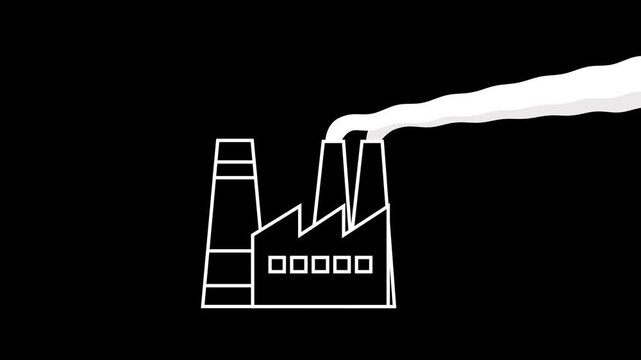 Animated factory building icon showing working industrial plant with smoke rising from chimneys on chroma key green screen background, 4k loopable video.