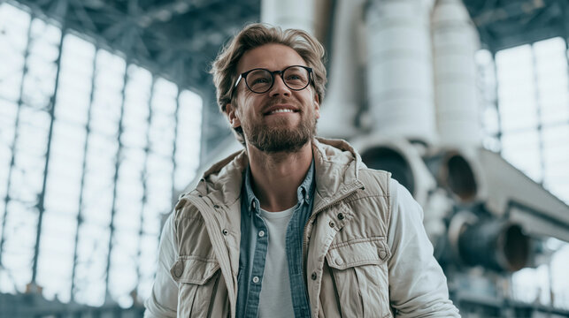 A happy man with glasses and a beard stands in a large hangar while looking up with a smiling expression