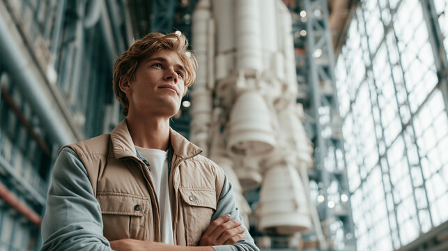 A young man stands with his arms crossed and looks upward inside a large space hangar with a rocket