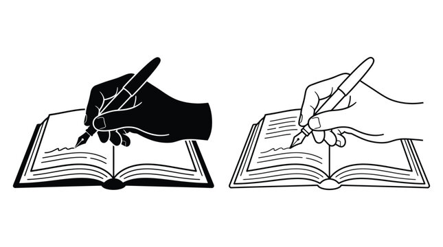 Hand writing in open book black silhouette and line art versions