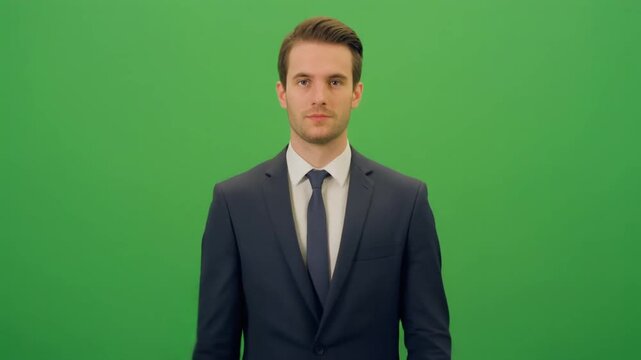 Serious young professional businessman in a suit against a plain green background, ideal as a scalable vector graphic icon for diverse business concepts and modern digital media projects