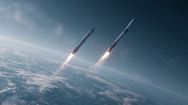 Two large rockets are flying high above the earth clouds and blue sky during a space mission launch