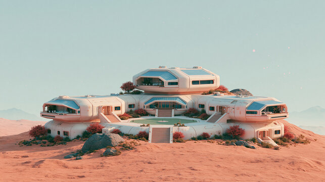 A futuristic research base with circular pods sits in a desert landscape with red sand and small bushes under a clear sky