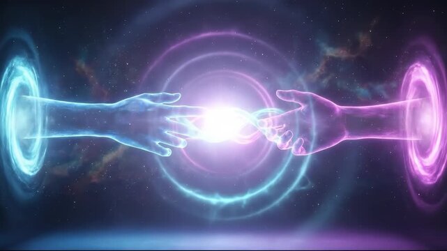 Two Glowing Hands Reaching Through Portals in Space