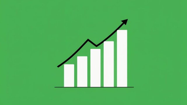 A simple green background vector icon of a white bar chart with an upward trending arrow, symbolizing growth and success
