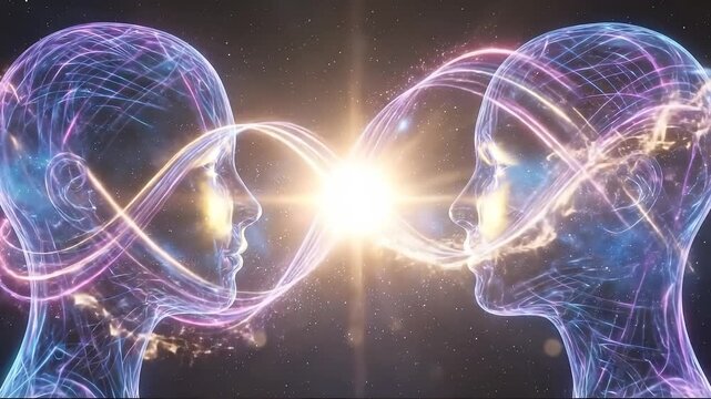 Two Glowing Digital Heads Connecting with Light Energy Waves