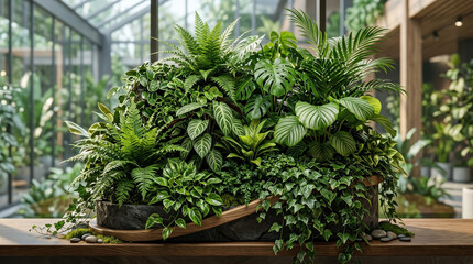 Fototapeta premium Lush indoor terrarium display with varied greenhouse plants on wooden shelf foliage
