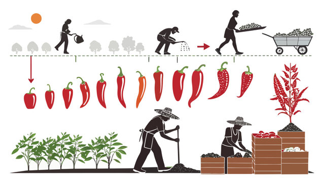 Infographic showing the process of growing and harvesting red chili peppers