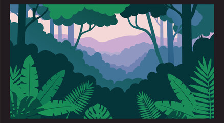 Vibrant Jungle Landscape Vector Illustration with Layered Mountains and Lush Tropical Foliage, Perfect for Nature and Travel Themes © Purnomo