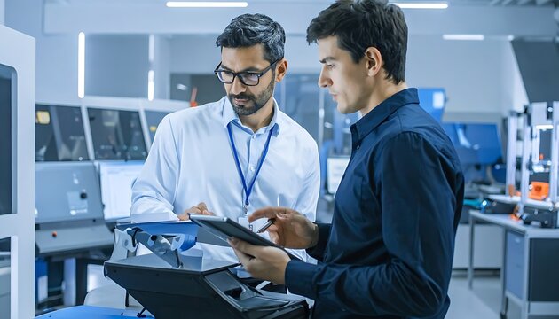 Two men in industrial setting examining tablet