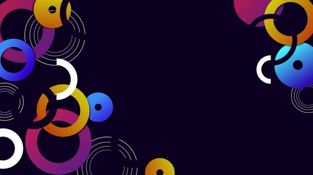 Dark abstract background overlapping rings and circular accents arranged in corners animation