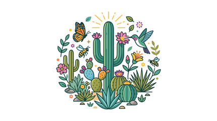 Desert Life: Hummingbird, Butterfly, Bees, and Cacti in Circle © kesya