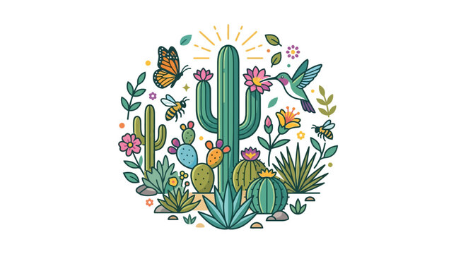 Desert Life: Hummingbird, Butterfly, Bees, and Cacti in Circle