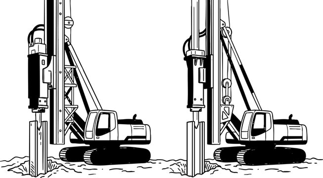 Heavy Construction Pile Driver Rig Line Art Illustration