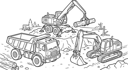 Fototapeta premium Heavy Machinery and Logging Vehicles Coloring Page Illustration