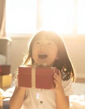 Surprised Young Girl Holding a Gift Box with Joyful Expression.