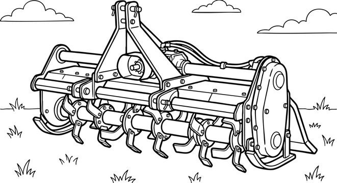 Agricultural Rototiller Machine Coloring Page Illustration