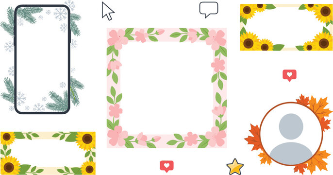 Floral Social Media Frame Collection with Sunflower Borders, Blossom Templates, Botanical Story Frames, and Decorative Profile Elements for Digital Content Design