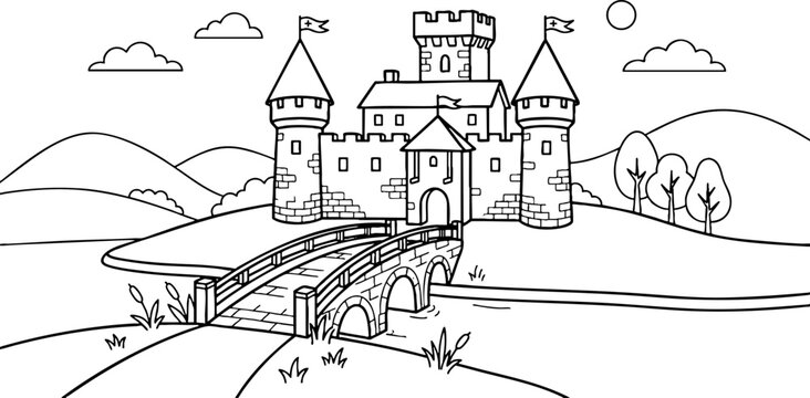 Medieval Castle with Stone Bridge Coloring Page Illustration