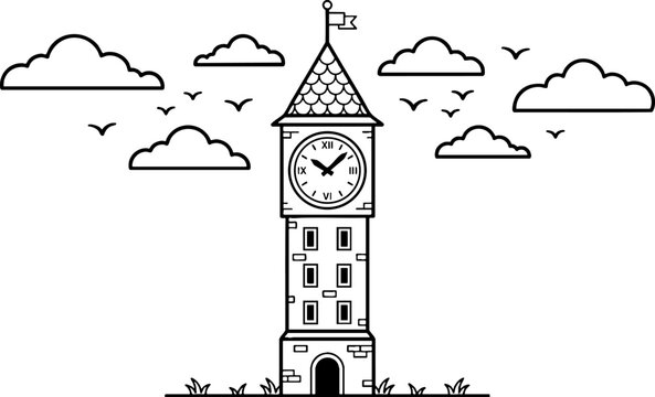 Minimalist line art illustration of a vintage clock tower