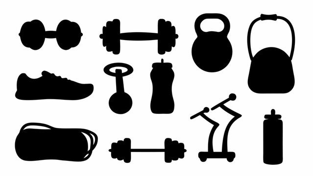 Set of fitness and gym equipment silhouettes, including dumbbells, kettlebell, sports shoes, jump rope, and water bottles