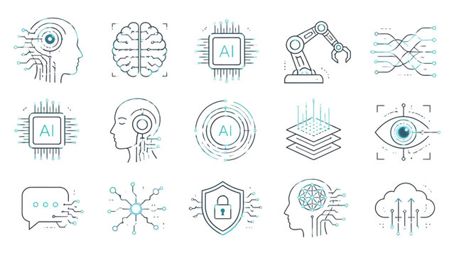 Artificial intelligence icons set with brain, robot, eye and chip