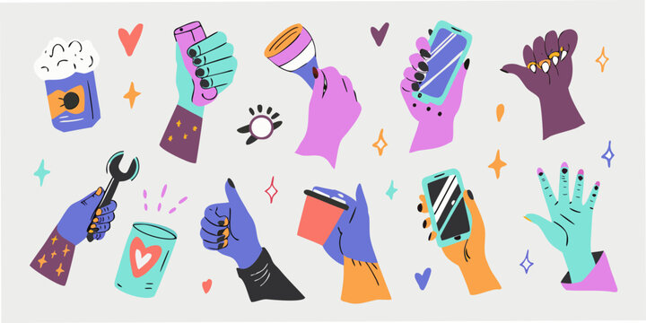 Illustrated Hands Holding Objects Colorful Vector Graphic