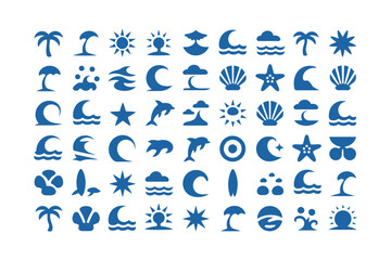 Fototapeta premium Set of blue beach and summer themed featuring waves palm trees sun shells and dolphins on a white background